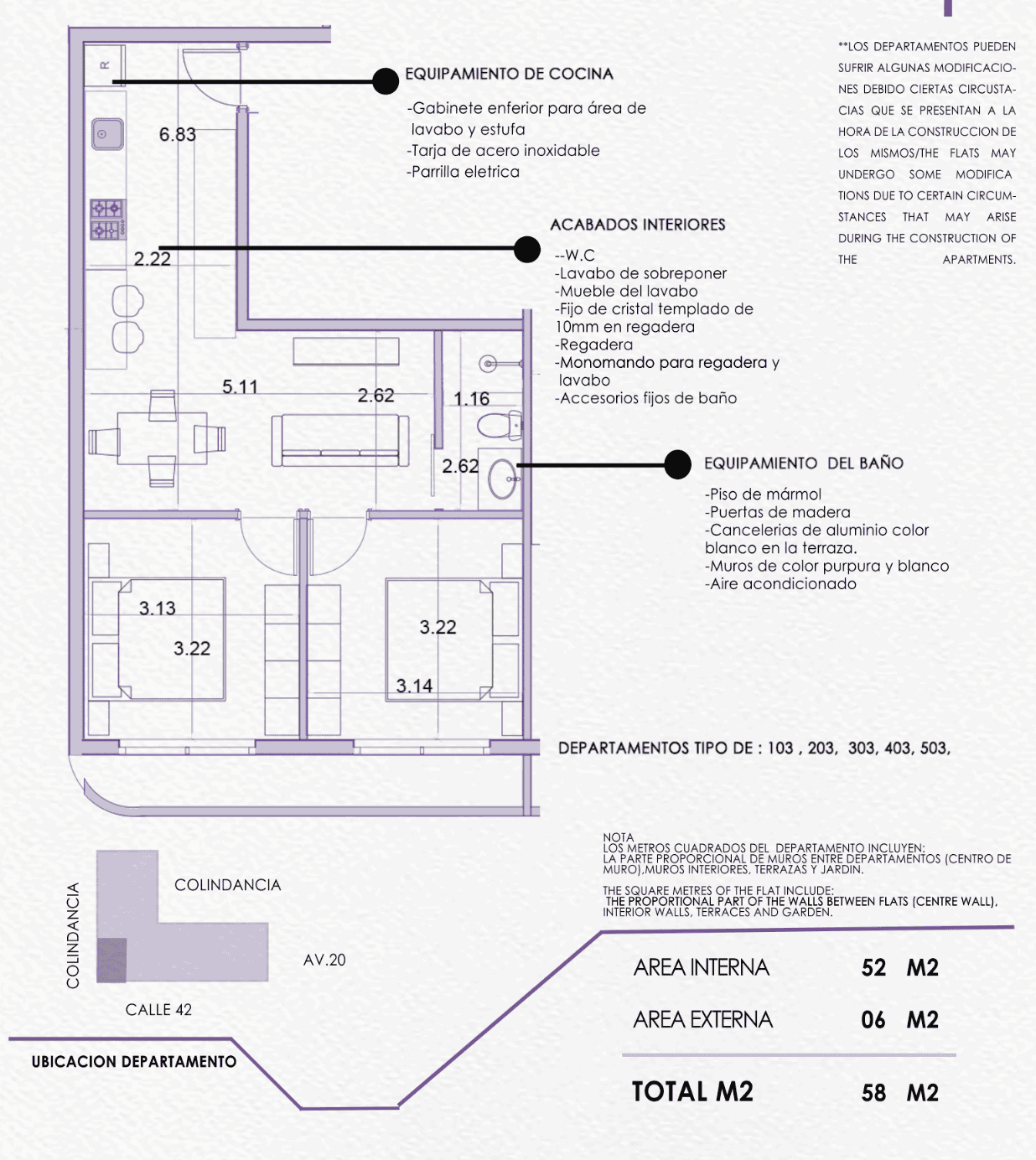 Plano arquitectónico del departamento de 2 recámaras en Purple Savage Playa del Carmen, con 58 m² totales y acabados premium.
